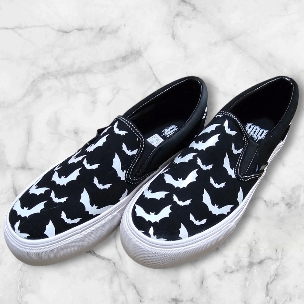 YRU Black & White Bat Slip On Deck Shoes (Fits Like 7)